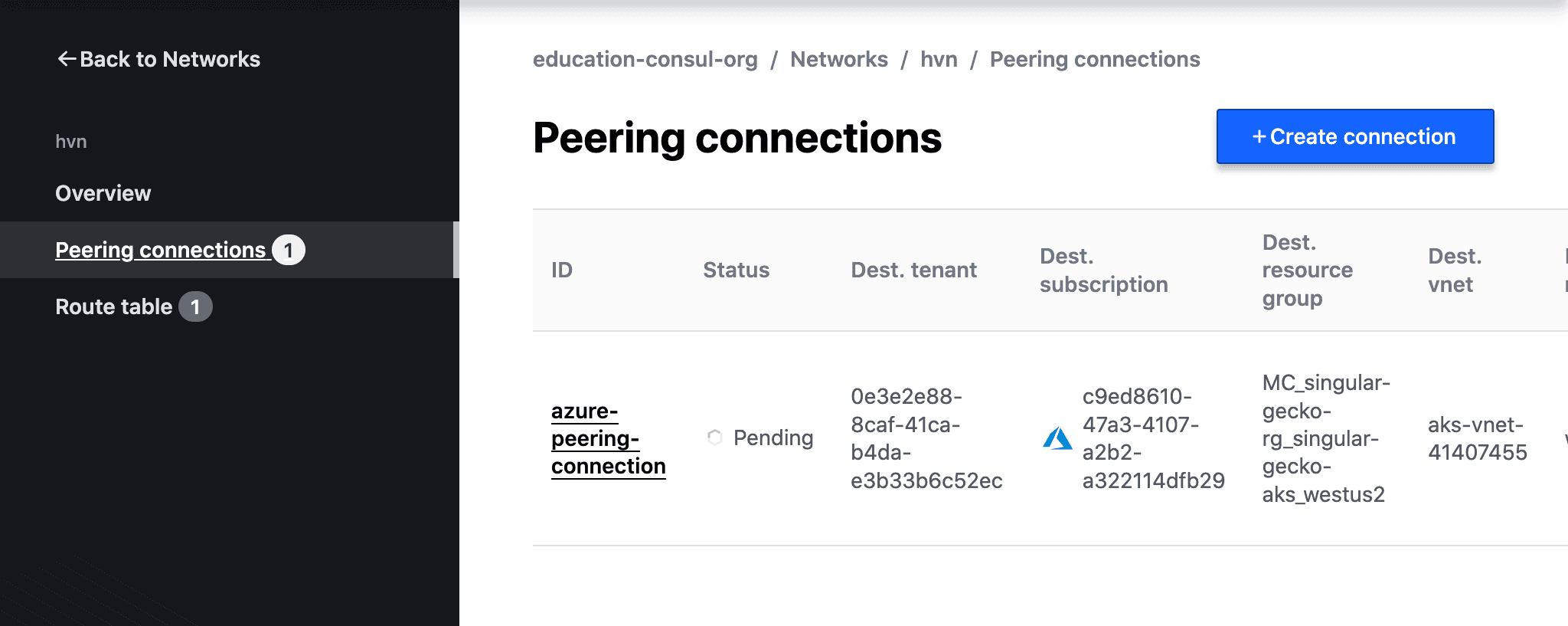 The "Peering connections" dashboard, with one pending peering connection named "azure-peering-connection"