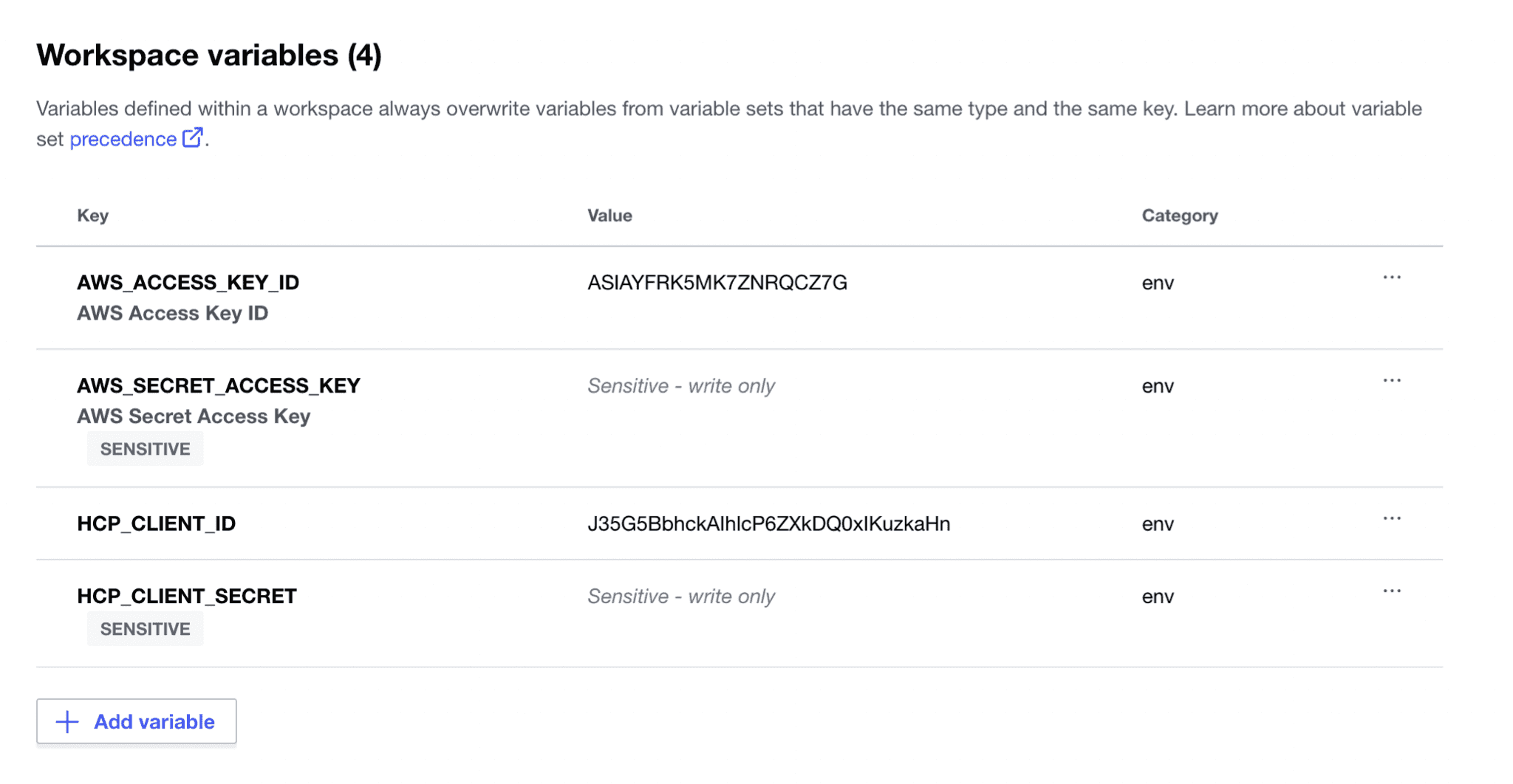 Set HCP Terraform variables for AWS and HCP credentials