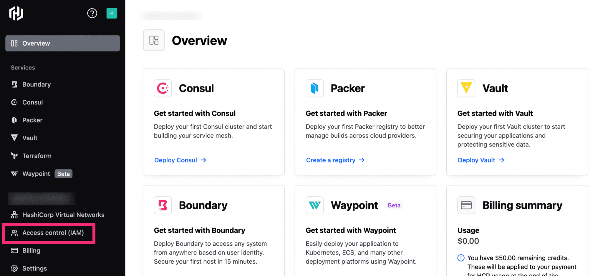 Access Control link on HashiCorp Cloud Platform dashboard