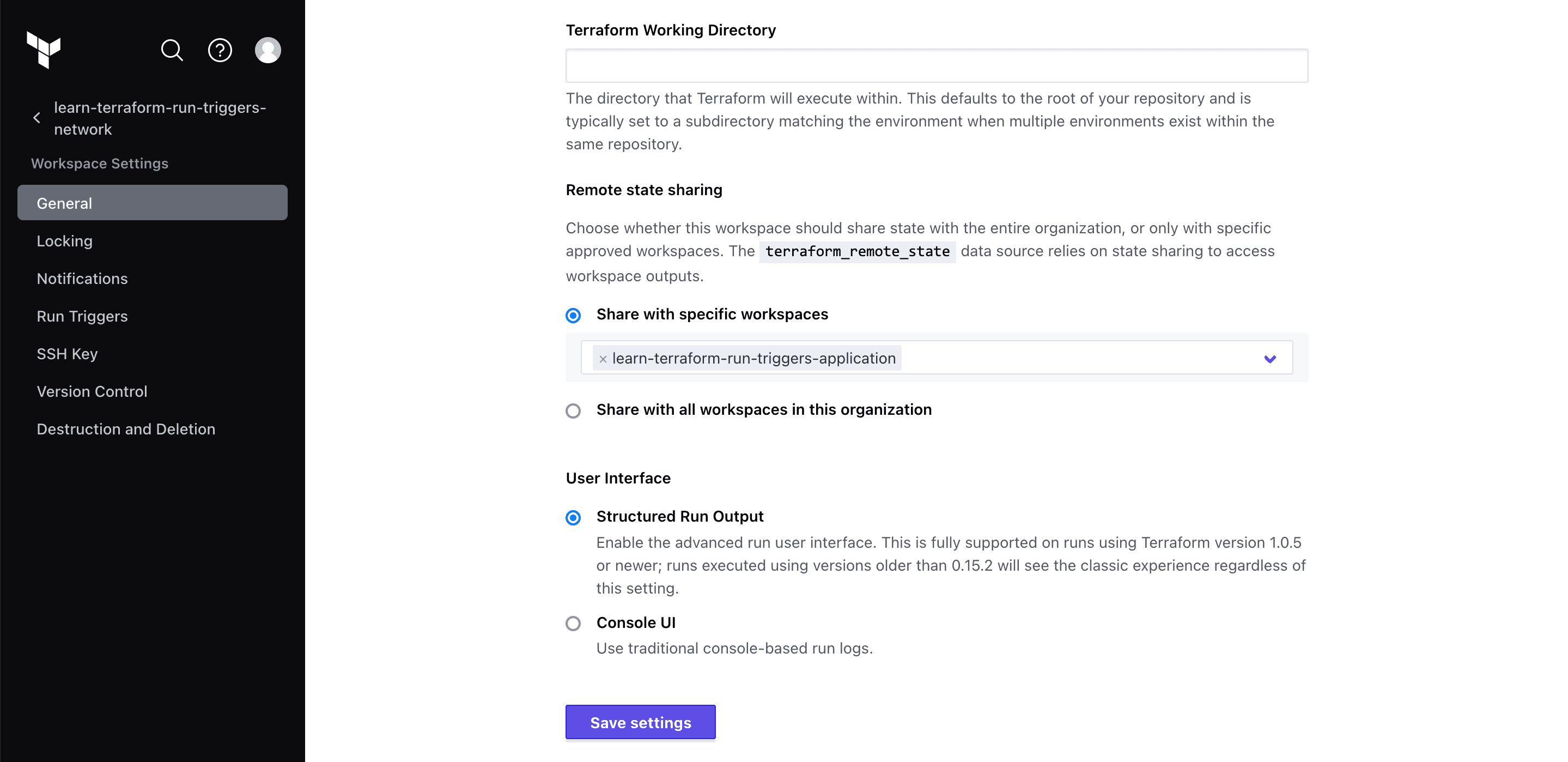 Enable remote state access on the workspace's settings page under general. Type in the workspace's name or select it from the Share with selected workspaces dropdown menu.