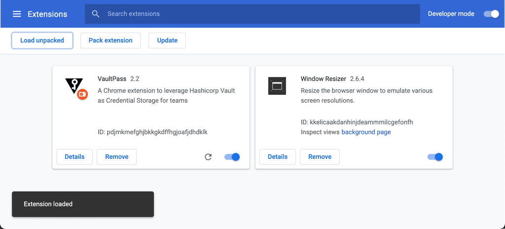 Chrome extension vaultpass extension loaded